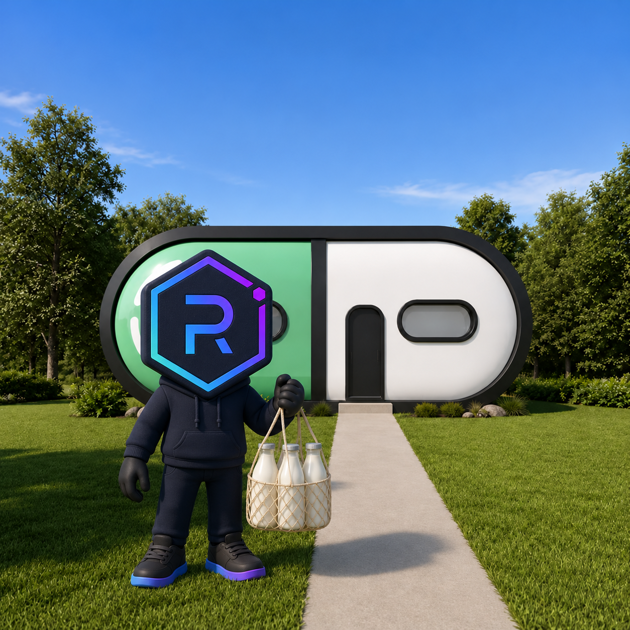 FATHER, the Raydium-headed dad, delivering milk in front of the Pump Fun house