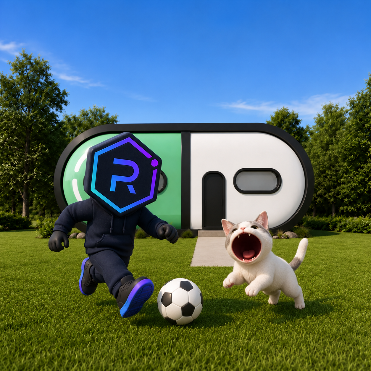 FATHER playing soccer with the cat